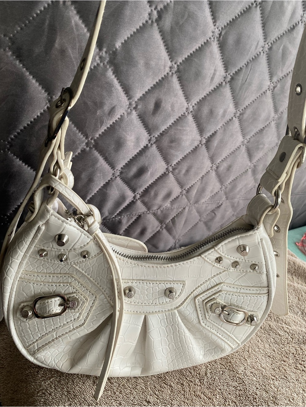 White Studded Crescent Shoulder Bag | Y2K Edgy Moto Hobo Bag